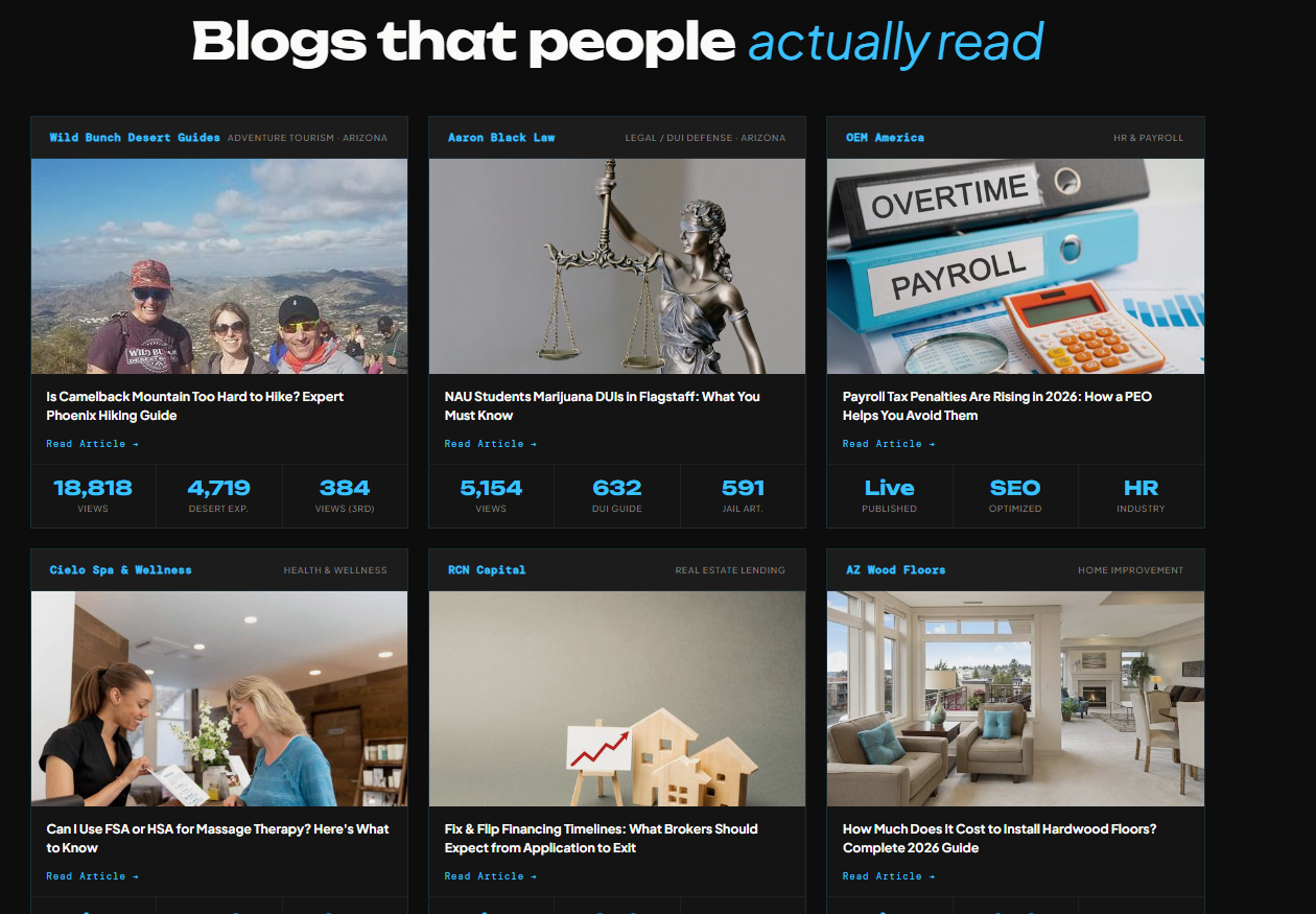Blog performance screenshot showing view counts across client blogs