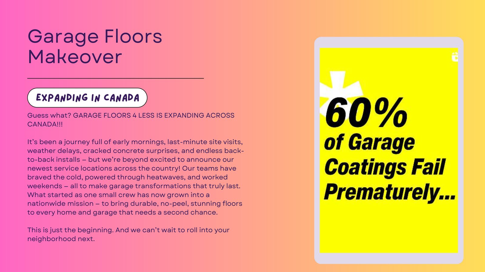 Garage Floors 4 Less expansion announcement copywriting sample
