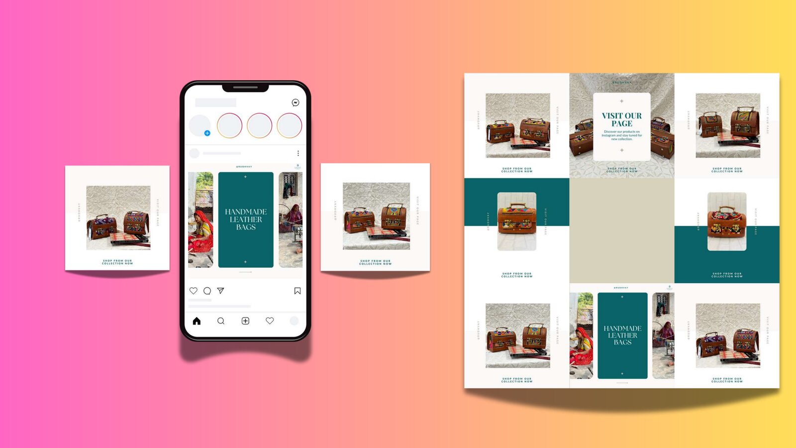 Rudhvay handmade leather bags Instagram feed system
